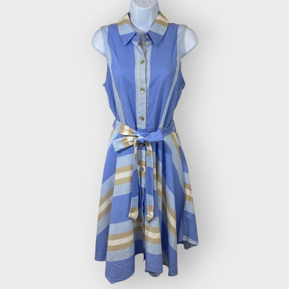 1 State Linen Blend Midi Shirt Dress | M | Blue Striped Belted | Coastal Beachy